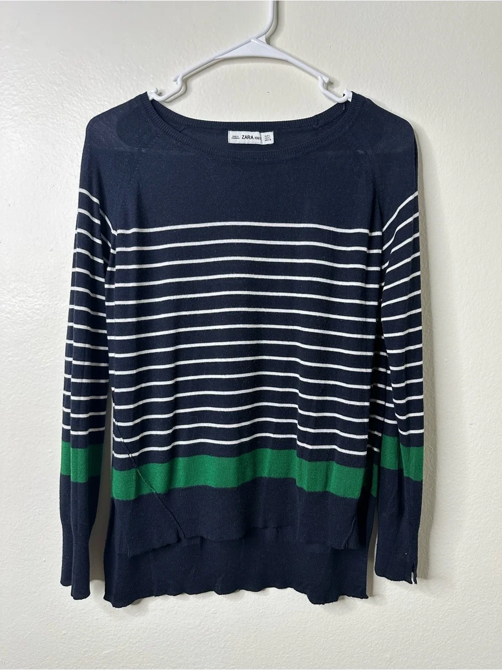 Zara Navy and White Striped Crewneck Sweater with Green Band